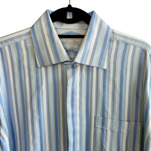 Christopher Lena Vintage Blue Striped 2 Ply Cotton French Cuff Dress Shirt 16.5